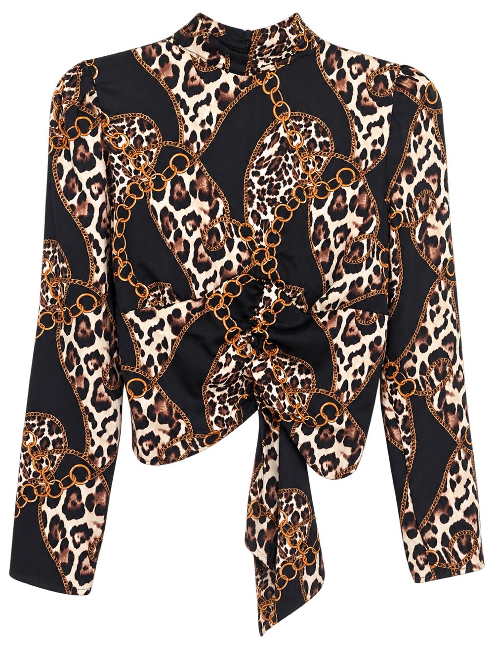 Tie-Front Animal & Chain Print Baroque Blouse, Open Back Designer Inspired NWT